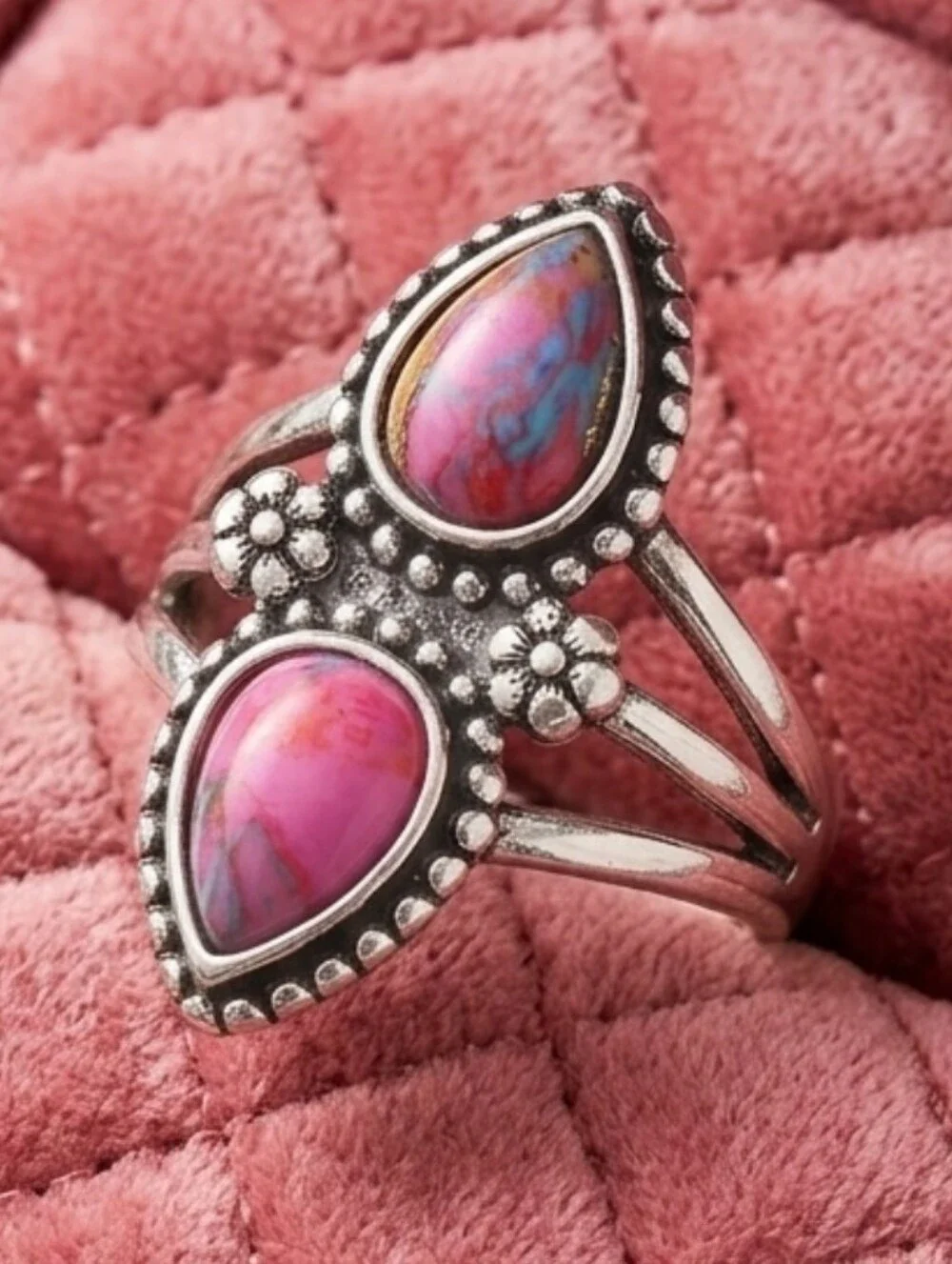 🩷 Boho Pink Spiny Oyster Turquoise Statement Ring Silver Plated Size 7